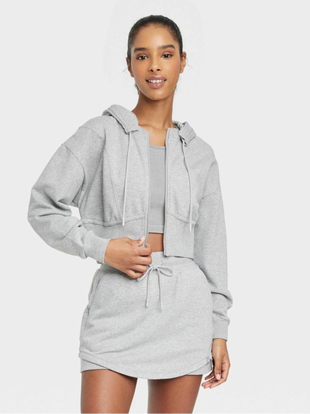 JoyLab Light Gray Cropped Zip Hoodie and skort set
